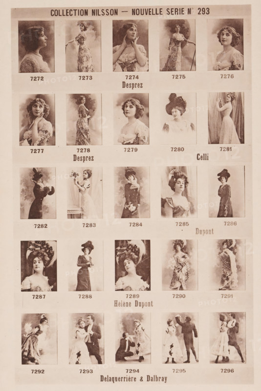 25 portraits of Desprez, Celli, Hélène Dupont, Louis Delaquerrière and Dalbray, Collection Nilsson - Nouvelle Série, page, photomechanical print, number: 'No 293', c. 1895 - in or before 1900, paper, collotype, photoprint, height 238 mm x width 153 mm, Person, Louis Delaquerrière, historical persons, historical persons - BB - woman, portrait of opera-singer, A sepia-toned sheet with a grid of portrait and full-length photographic images of women and small scenes, each image set within a rectangular frame and showing various posed figures in period clothing and hats, some looking at the camera and others in profile or three-quarter views, with hairstyles ranging from short curls to elaborate updos and accessories like feathers and flowers, and with varied backgrounds from plain to soft-focus studio drapery; the sheet shows several horizontal bands separating rows of photos and faint printed labels beneath each framed picture, and the overall paper has a slightly aged, evenly toned appea...