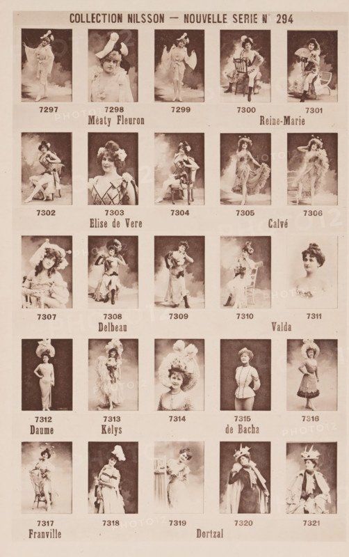 25 portraits of Méaty Fleuron, Elise de Vere and others, Collection Nilsson - Nouvelle Série, page, photomechanical print, inscription: 'Méaty Fleuron Reine-Marie, Elise de Vere Calvé, Delbeau Valda, Daume Kélys de Bacha, Franville Dortzal', number: 'No 294', c. 1895 - in or before 1900, paper, collotype, photoprint, height 238 mm x width 153 mm, Person, Élise de Vère, historical persons - BB - woman, portrait of actor, actress, A sepia-toned poster-like sheet showing a grid of vintage portrait photographs of women arranged in rows and columns, each portrait set within a rectangular frame with spacing between images, many women wearing ornate hats, dresses, and theatrical or period costumes, several posed seated on or beside chairs while others stand in elegant or theatrical stances, hairstyles ranging from updos to curled short styles, facial expressions mostly neutral to smiling, decorative backgrounds with soft cloud-like shading behind the subjects, larger bold heading text across ...