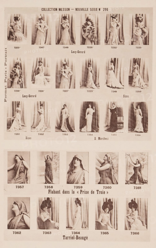 25 portraits of Lucy Gérard, Sizos, Blanche Marchesi and Flahaut, Collection Nilsson - Nouvelle Série, page, photomechanical print, inscription: 'Format Paris - Portrait, Lucy-Gérard, Lucy-Gérard Sizos, Sizos B. Marchesi, Flahaut dans la &lt, &lt, Prize de Troie &gt, &gt, Tarriol-Beaugé', number: 'No 296', c. 1895 - in or before 1900, paper, collotype, photoprint, height 238 mm x width 153 mm, Person, Lucy Gérard, Blanche Marchesi, historical persons - BB - woman, portrait of actor, actress, A sepia-toned page showing rows of small portrait photographs arranged in a grid, each portrait framed by a narrow white border and featuring women in various full-length and three-quarter poses with draped dresses, hats, veils, or shawls, against plain or curtain backdrops; the top portion displays a horizontal heading centered above the first row, and there are several centered labels of different names and small captions between the rows; below the top section a middle band contains more portrai...