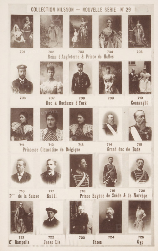 25 portraits of George V of England, reproductions of paintings of portraits of Queen Victoria of England, Clementine of Belgium, Frederick I of Baden, Eugene of Sweden and others, Collection Nilsson - Nouvelle Série, reproduction, page, photomechanical print, number: 'No 29', after painting by anonymous, c. 1892 - in or before 1897, paper, collotype, photoprint, height 234 mm x width 154 mm, Person, Victoria (Queen of the United Kingdom and Empress of India), George V (King of the United Kingdom), Eugene of Sweden, Jonas Lie, historical persons, historical persons - BB - woman, A sepia-toned printed sheet showing rows of rectangular portrait photographs of men and women in formal or historical attire, each portrait placed within a framed box and arranged in a grid with narrow margins between them, the portraits varying between full-body poses and head-and-shoulder views, some subjects wearing crowns, military uniforms, sashes, or elaborate dresses, others in civilian suits or clerical...