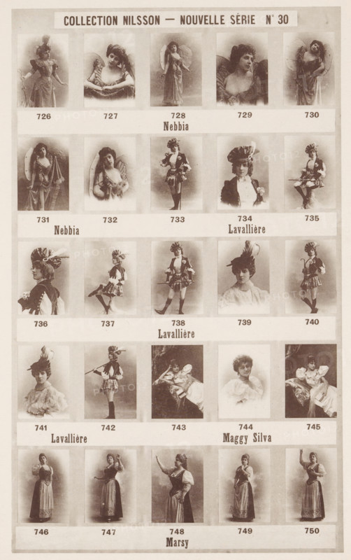 25 portraits of Nebbia, Eve Lavallière, Maggy Silva and Marsy, Collection Nilsson - Nouvelle Série, page, photomechanical print, number: 'No 30', c. 1892 - in or before 1897, paper, collotype, photoprint, height 233 mm x width 154 mm, Person, historical persons - BB - woman, portrait of actor, actress, A vertically oriented sheet showing a grid of small vintage photographic portraits of women in various poses and costumes, arranged in multiple horizontal rows separated by pale bands; each portrait is framed by a light rectangular border and features women wearing period dresses, hats, theatrical or fairy-like outfits, and accessories such as feathers and parasols, with some shown standing, others seated or reclining, and several with turned or tilted heads and varied facial expressions; the images have a sepia tone and a slightly faded, antique appearance, with even spacing between portraits and narrow margins around the sheet.