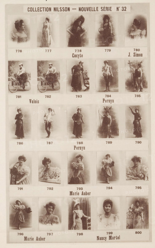 25 portraits of Cocyte, J. Simon, Valois, Pernyn, Marie Auber and Nancy Martel, Collection Nilsson - Nouvelle Série, page, photomechanical print, number: 'No 32', c. 1892 - in or before 1897, paper, collotype, photoprint, height 235 mm x width 154 mm, historical persons - BB - woman, A vertically oriented sepia-toned page shows a grid of small vintage portrait photographs arranged in horizontal rows, each framed by light borders. The top of the page contains a wide header bar. The portraits feature women in period dress and costumes, shown in various poses including profile views, seated poses, standing full-body figures, theatrical stances, and some with props like hats, a bicycle, a staff, or a chair. Several women wear elaborate gowns with puffed sleeves, ruffled collars, or decorative headwear; others wear more tailored or theatrical outfits with tights or boots. Backgrounds vary between plain studio backdrops and softly rendered scenic or painted settings. Between rows of images t...