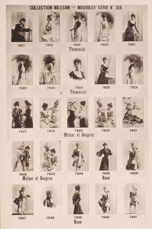 25 portraits of Thomassin, Melzer, Desprez and Renn, Collection Nilsson - Nouvelle Série, page, photomechanical print, number: 'No 315', c. 1895 - in or before 1900, paper, collotype, photoprint, height 240 mm x width 155 mm, historical persons - BB - woman, A vertically oriented sepia-toned sheet displays a grid of photographic portrait panels featuring women in period dress arranged in several rows; each panel shows a single pose or small group with varied outfits, hats, and props such as chairs, canes, and a small table, with many subjects turned in profile or three-quarter view and some facing forward; hairstyles include updos and adorned hats, and garments range from dark, ornate dresses with lace and high collars to lighter gowns with ruffles and sashes, with a few images showing pairs of women interacting; the sheet has a pale background and visible margins around each photograph, and the photos exhibit soft studio backdrops with cloudy or plain drapery textures.