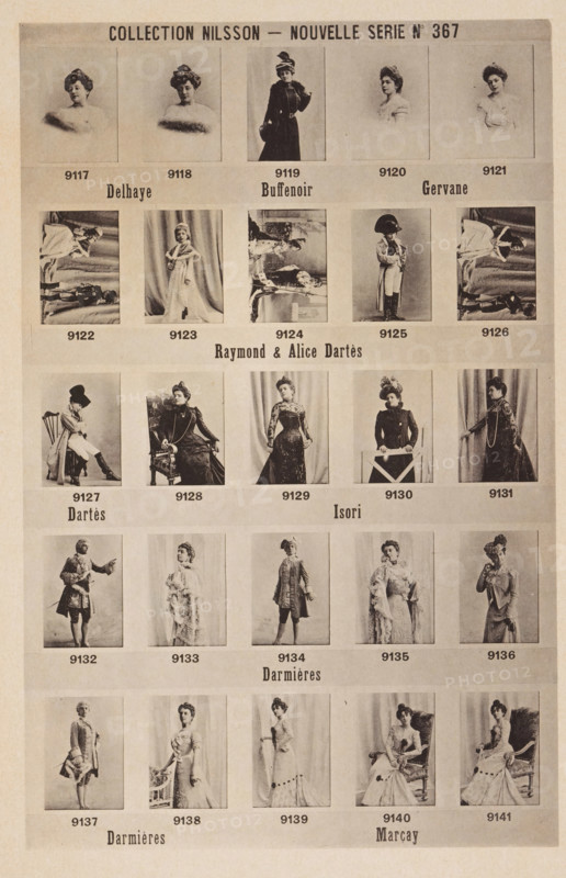 25 portraits of Delhaye, Buffenoir, Gervane, Raymond and Alica Dartès, Isori, Darmières and Marçay, Collection Nilsson - Nouvelle Série, page, photomechanical print, number: 'No 367', c. 1895 - in or before 1900, paper, collotype, photoprint, height 240 mm x width 154 mm, historical persons, historical persons - BB - woman, A vertical sheet with a grid of small black and white portrait photographs of people in period clothing, arranged in rows and columns with small blank spaces between images; the top row shows five head-and-shoulder portraits of women, the second row displays five full-body and mid-length figures including children and adults in various poses and costumes, the third row features five seated and standing adults in formal dresses and one in a long coat and hat, the fourth row shows five portraits of individuals in theatrical or ornate attire with three-quarter and full-length views, and the bottom visible rows continue with full-length portraits of women in long dresse...