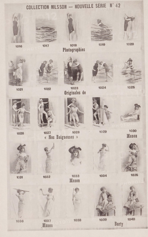25 portraits of models in swimsuits, Collection Nilsson - Nouvelle Série, page, photomechanical print, number: 'No 42', inscription: 'Photographies, Originales de, &lt, Nos Baigneuses &gt, &gt, Manon, Burty', c. 1892 - in or before 1897, paper, collotype, photoprint, height 234 mm x width 153 mm, historical persons - BB - woman, A grid of small vintage photographic portraits arranged in rows and columns, each image featuring women in various poses and outfits including swimwear, dresses, and hats, some standing alone, some in pairs or small groups, with backgrounds that include plain backdrops, seaside waves, and doorways; the photos are sepia-toned and framed by pale margins, with empty spaces beneath each image.