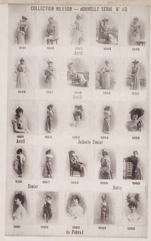 25 portraits of Avril, Juliette Simier and Dalcy de Pébrel, Collection Nilsson - Nouvelle Série, page, photomechanical print, number: 'No 43', c. 1892 - in or before 1897, paper, collotype, photoprint, height 234 mm x width 150 mm, historical persons - BB - woman, A vertically oriented sheet displaying a grid of small sepia-toned portrait photographs of women arranged in rows and columns, each photograph showing a single woman in period clothing and various poses, many wearing hats or holding props, some seated and some standing, with thin borders separating the images and faint printed headings and labels above and below certain rows, the paper showing slight aging and a light textured background.