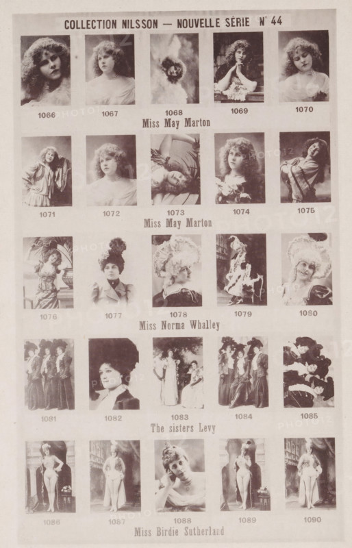 25 portraits of Miss May Marton, Norma Whalley, the Levy sisters and Birdie Sutherland, Collection Nilsson - Nouvelle Série, page, photomechanical print, number: 'No 44', c. 1892 - in or before 1897, paper, collotype, photoprint, height 231 mm x width 153 mm, Person, historical persons - BB - woman, portrait of actor, actress, A vertically oriented page showing a grid of sepia-toned portrait photographs arranged in rows and columns, each photograph featuring a different woman in vintage attire and various poses; many images show women with curled or styled hair, some wearing hats or decorative headpieces, others wearing dresses with ruffles, lace, or high collars, and a few posed with props like flowers or architectural elements; the portraits vary between bust, three-quarter, and full-length views, with expressions ranging from neutral to contemplative and occasional smiles; the page has narrow margins and a light background, and the photographs are separated by pale spaces, with each...