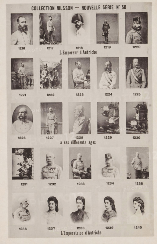 25 portraits of Emperor Francis Joseph I of Austria and his wife Elisabeth of Bavaria, Collection Nilsson - Nouvelle Série, page, photomechanical print, number: 'No 50', inscription: 'L'Empereur d'Autriche, à ses différents âges, L'Impératrice d'Autriche', c. 1892 - in or before 1897, paper, collotype, photoprint, height 229 mm x width 150 mm, Person, Frans Joseph I Karel (Emperor of Austria), Elisabeth Amalie Eugenie in Bavaria (Empress of Austria), historical persons, historical persons - BB - woman, king, queen, A sepia-toned poster page showing a grid of small photographic portraits and group photographs arranged in rows and columns with a wide top margin and narrower side margins. The images feature men in military uniforms, some seated and some standing, with facial hair ranging from full beards to mustaches, and a few photographs of women with styled hair and high-collared clothing. Several portraits show chest medals and decorative sashes, and a few group shots include multiple...