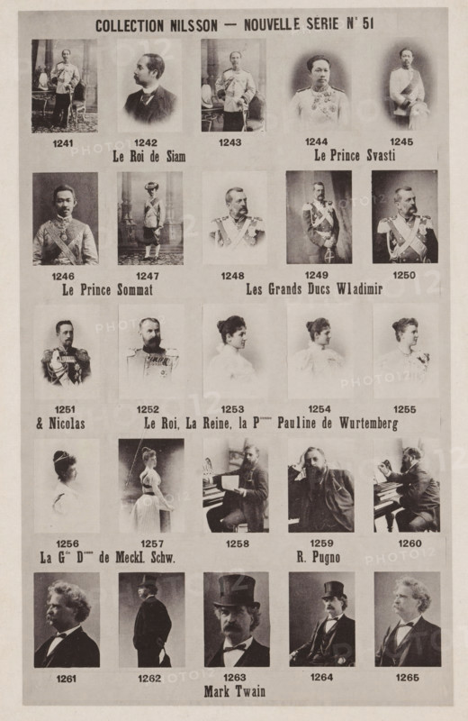 25 portraits of Chulalongkorn the Great, Princes Svasti and Sommat, Grand Duke Vladimir Alexandrovich Romanov and Nicolas, Raoul Pugno, Mark Twain and others, Collection Nilsson - Nouvelle Série, page, photomechanical print, number: 'No 51', inscription: 'Le Roi de Siam Le Prince Svasti, Le Prince Sommat Les Grands Ducs Wladimir, &Nicolas Le Roi, La Reine, la Pcesse Pauline de Wurtemberg, La Gde Desse de Meckl. Schw. R. Pugno, Mark Twain', c. 1892 - in or before 1897, paper, collotype, photoprint, height 229 mm x width 153 mm, Person, Vladimir Alexandrovich Romanov (Grand Prince of Russia), Chulalongkorn the Great, Mark Twain, historical persons, historical persons - BB - woman, king, portrait of a writer, portrait of composer, A vertically oriented printed sheet featuring a grid of small black-and-white portrait photographs arranged in rows, each portrait framed by a light rectangular border and showing a variety of posed subjects including men in formal military or dress uniforms wit...
