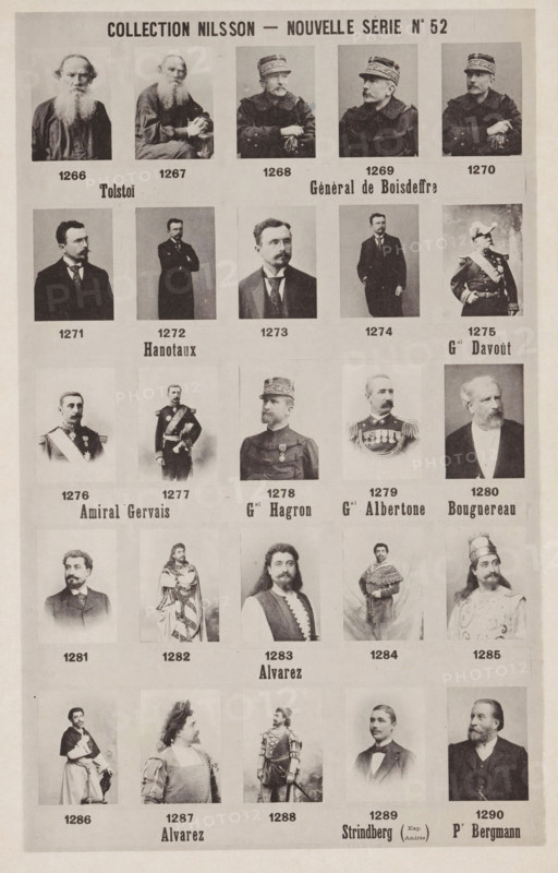 25 portraits of Tolstoy, Raoul de Boisdeffre and others, Collection Nilsson - Nouvelle Série, page, photomechanical print, inscription: 'Tolstoï Génèral de Boisdeffre, Hanotaux Gal Davoût, Amiral Gervais Gal Hagron Gal Albertone Bouguereau, Alvarez, Alvarez Strindberg (Exp. Andrée) Pr Bergmann', number: 'No 52', c. 1892 - in or before 1897, paper, collotype, photoprint, height 230 mm x width 152 mm, Person, Leo Tolstoj, Raoul Le Mouton de Boisdeffre, historical persons, historical persons - BB - woman, portrait of a writer, A vertical poster displaying a grid of sepia-toned portrait photographs arranged in rows and columns, each portrait showing a different person in varied attire and poses; the top row features close-up head-and-shoulder images of older men with long beards and men in military uniforms with hats, the next rows show a mix of formal portraits of men in suits, full-length figures in military dress and ceremonial uniforms with sashes and medals, and a variety of posed stu...