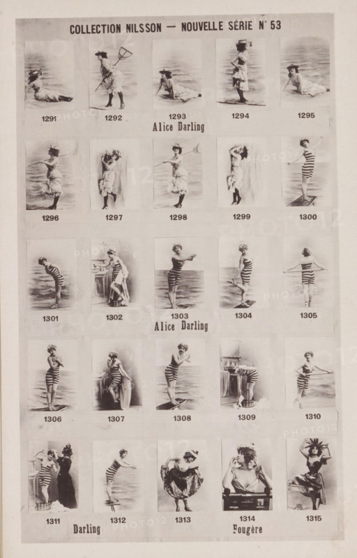 25 portraits of ladies in swimwear, named Alice Darling and Fougère, Collection Nilsson - Nouvelle Série, page, photomechanical print, number: 'No 53', c. 1892 - in or before 1897, paper, collotype, photoprint, height 236 mm x width 149 mm, historical persons - BB - woman, A sepia-toned poster showing a grid of small vintage photographic portraits of a woman in various seaside costumes and poses, each portrait framed by a pale rectangular border and arranged in rows and columns with captions beneath; the woman appears in dresses, bathing suits, striped outfits, and hats, shown standing, sitting, leaning, and posing with props such as a net, a board, and a basin, with a background that resembles water or a beach in most images, and with a header band across the top and a wider margin at the bottom.