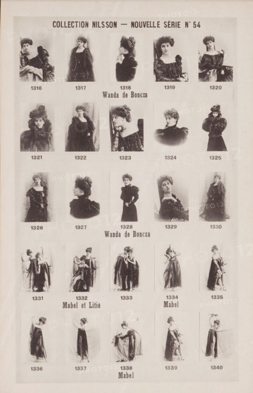 25 portraits of Wanda de Boncza and Mabel, Collection Nilsson - Nouvelle Série, page, photomechanical print, number: 'No 54', c. 1892 - in or before 1897, paper, collotype, photoprint, height 235 mm x width 150 mm, historical persons - BB - woman, A vertical sheet displaying rows of small vintage black and white portrait photographs of women in period clothing and hairstyles, each portrait set within a rectangular frame and arranged in a grid across the page, with larger portrait groupings near the top and rows of full-length figure studies toward the bottom; the women wear a variety of dresses, coats, hats, and accessories, with several images showing fur garments, high collars, puffed sleeves, and elaborate coiffures, and a few portraits show side profiles while others face forward or are seated, all images are sepia-toned and mounted on a light background with a faint border around the sheet.