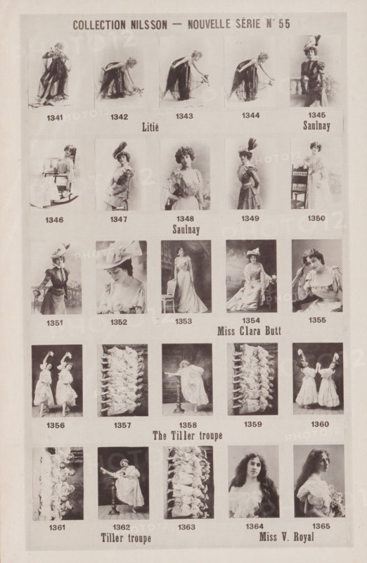 25 portraits of Litié, Saulnay, singer Clara Butt, The Tiller Troupe and Miss V. Royal, Collection Nilsson - Nouvelle Série, page, photomechanical print, number: 'No 55', c. 1892 - in or before 1897, paper, collotype, photoprint, height 236 mm x width 150 mm, historical persons - BB - woman, portrait of artiste (dancer, actor, etc.), A vertical sheet with rows of small sepia-toned portrait and group photographs arranged in a grid, each image showing women in period dresses and hats posed alone or in pairs or small ensembles, some seated on chairs or rocking chairs, some standing beside props like a balustrade or a small column, and some in coordinated dance or tableau poses; outfits include flowing gowns, layered skirts, feathered hats, and lace details, and several images show women holding flowers or fans or lifting skirts, while others display motion or repeated sequential poses; the overall page has a light background with pale margins and uniform spacing between the photographs.