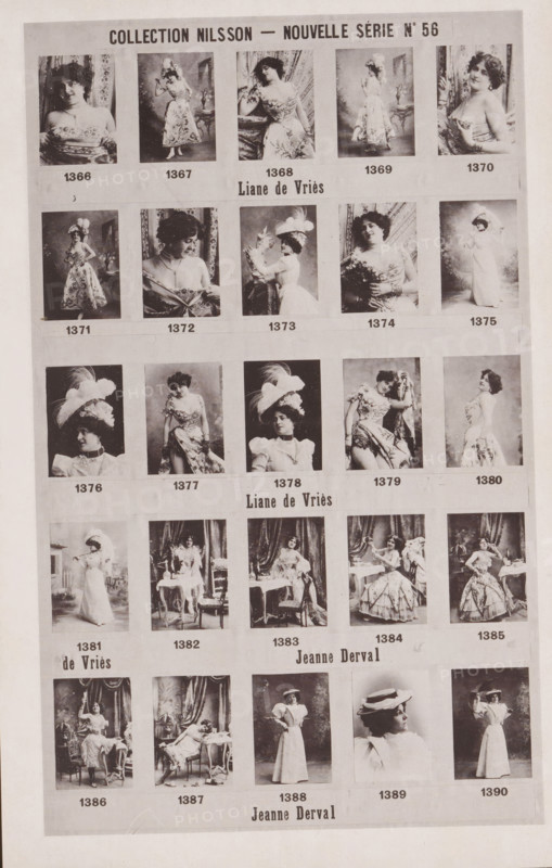 25 portraits of Liane de Vriés and Jeanne Derval, Collection Nilsson - Nouvelle Série, page, photomechanical print, number: 'No 56', c. 1892 - in or before 1897, paper, collotype, photoprint, height 236 mm x width 151 mm, historical persons - BB - woman, portrait of artiste (dancer, actor, etc.), A vertically oriented sheet showing a grid of small vintage black-and-white portrait photographs of women in various dresses and posed settings, arranged in rows and columns with narrow white borders; the women wear a variety of hats, gowns, and accessories, and appear in seated and standing poses, sometimes holding flowers or leaning on furniture; the images show patterned drapery, tables, chairs, and small decorative props in the backgrounds; the overall page has a light aged paper tone with faint creases and margins visible.
