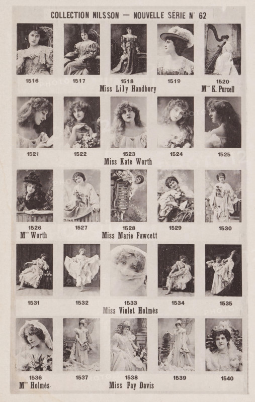 25 portraits of Lily Hanbury, Kate Worth, Marie Fawcett, Violet Holmès and Fay Davis, Collection Nilsson - Nouvelle Série, page, photomechanical print, number: 'No 62', c. 1892 - in or before 1897, paper, collotype, photoprint, height 236 mm x width 155 mm, Person, Lily Hanbury, Fay Davis, historical persons - BB - woman, portrait of actor, actress, A vertically oriented printed poster showing a grid of small black-and-white photographic portraits of women dressed in period costumes and posed in studio settings, arranged in several rows with headings between rows. The photos show women in a variety of poses and hairstyles, some wearing hats, headpieces, or flowing dresses, and some holding props such as flowers or leaning on furniture. The poster background is light with a thin darker border, and there are bold headings printed above and between groups of portraits. Each portrait has a short printed caption beneath it. The overall look is vintage with a slightly aged paper texture and ...