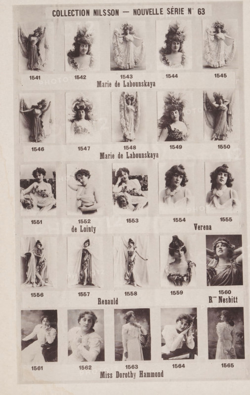 25 portraits of Marie de Labounskaya, De Lointy, Verena, Renauld, Rose Nesbitt and Dorothy Hammond, Collection Nilsson - Nouvelle Série, page, photomechanical print, number: 'No 63', c. 1892 - in or before 1897, paper, collotype, photoprint, height 235 mm x width 155 mm, historical persons - BB - woman, A vertically oriented sepia sheet displays a grid of small vintage photographic portraits and full-length studio poses of women arranged in rows and columns, each portrait showing a single woman in period costume or dress with varied hairstyles and accessories such as large feathered hats, draped fabrics, and floral adornments; some images show women seated and relaxed while others stand in theatrical poses holding or spreading flowing garments, and the photos vary between head-and-shoulder close-ups and full-body views, separated by light rectangular borders and narrow blank bands, with larger typographic lines of bold capitalized text printed above and between rows and smaller bold la...