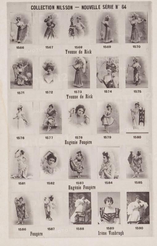 25 portraits of Yvonne de Rick, Eugénie Fougère and Irene Vanbrugh, Collection Nilsson - Nouvelle Série, page, photomechanical print, number: 'No 64', c. 1892 - in or before 1897, paper, collotype, photoprint, height 236 mm x width 154 mm, historical persons - BB - woman, A vertical sheet showing a grid of sepia photographic portraits arranged in rows and columns, each portrait framed within a light rectangular box and depicting women in various period costumes and poses; the top area includes a larger band across the width with bold printed lettering that is not described, below which are multiple rows of small studio-style images featuring women wearing ornate hats, flowing dresses, parasols, fans, and props such as chairs and decorative stands, with some women seated and others standing or leaning; the images show a variety of facial expressions from smiling to neutral, and many dresses have lace, ruffles, layered skirts, and floral embellishments; between rows there are horizontal ...