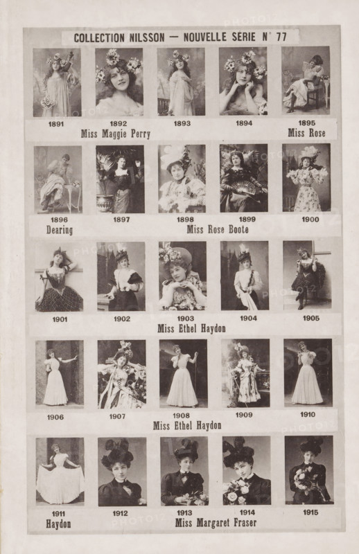 25 portraits of Maggie Perry, Rose Dearing, Rose Boote, Ethel Haydon and Margaret Fraser, Collection Nilsson - Nouvelle Série, page, photomechanical print, number: 'No 77', c. 1892 - in or before 1897, paper, collotype, photoprint, height 234 mm x width 154 mm, Person, Ethel Haydon, historical persons - BB - woman, A sepia-toned composite sheet showing a vertical grid of portrait photographs of women in vintage dress, each portrait framed by a light border and arranged in horizontal rows; the women wear a variety of costumes and hats, ranging from floral wreaths and large feathered headpieces to elaborate bonnets and fitted bodices, and several portraits show women holding props such as fans, bouquets, or chairs while posing in studio settings with plain or painted backdrops; the top of the sheet features a wide rectangular header, and between rows there are wide horizontal bands separating groups of portraits; the overall page has a worn paper texture with slight discoloration and sub...