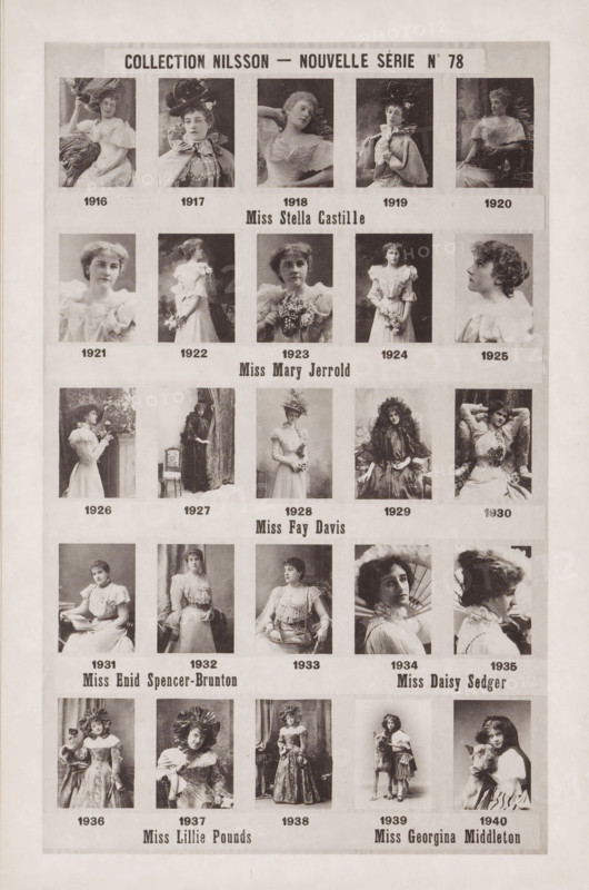 25 portraits of Stella Castille, Mary Jerrold, Fay Davis, Enid Spencer-Brunton, Daisy Sedger, Lillie Pounds and Georgina Middleton, Collection Nilsson - Nouvelle Série, page, photomechanical print, number: 'No 78', c. 1892 - in or before 1897, paper, collotype, photoprint, height 234 mm x width 154 mm, Person, historical persons - BB - woman, portrait of actor, actress, A vertical poster page showing a grid of vintage black and white portrait photographs of women arranged in rows and columns with narrow borders between images, each portrait featuring a single seated or standing woman in period dresses, hats, or hairstyles, some holding flowers or posed with hands visible, all images surrounded by a pale margin and separated by horizontal bands that contain larger text blocks, with a decorative header strip across the top and a wide pale border around the entire page.