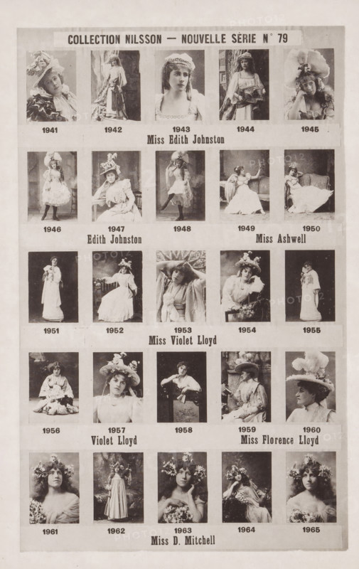 25 portraits of Edith Johnston, Ashwell, Violet Lloyd, Florence Lloyd and D. Mitchell, Collection Nilsson - Nouvelle Série, page, photomechanical print, number: 'No 79', c. 1892 - in or before 1897, paper, collotype, photoprint, height 234 mm x width 155 mm, historical persons - BB - woman, The image shows a vertically oriented sepia-toned poster divided into a grid of portrait photographs of women wearing vintage dresses and hats, arranged in rows and columns with horizontal bands separating groups; many of the women pose seated or standing, often wearing large decorative hats, ruffled or flowing gowns, and occasionally holding props or leaning on furniture; the background of each portrait varies between plain backdrops and simple interior settings, and the poster has a textured, aged paper border.