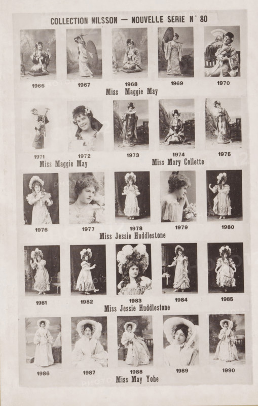 25 portraits of Maggie May, Mary Collette, Jessie Huddlestone and May Yohe, Collection Nilsson - Nouvelle Série, page, photomechanical print, number: 'No 80', c. 1892 - in or before 1897, paper, collotype, photoprint, height 234 mm x width 153 mm, historical persons - BB - woman, A vertical sheet showing a grid of vintage portrait photographs arranged in rows with a printed heading across the top and additional printed names and labels between rows; each small portrait features a woman in period costume or a close portrait with various poses and props, many wearing ornate hats, dresses, or holding fans and parasols, all images rendered in sepia tones; the sheet background is pale and slightly textured, with margins around the grid and faint age spots and slight creases visible.