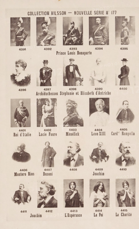 25 portraits of Prince Louis Bonaparte, Archduchesses Stefanie and Elisabeth of Austria, King Umberto I of Italy and others, Collection Nilsson - Nouvelle Série, page, photomechanical print, inscription: 'Prince Louis Bonaparte, Archiduchesses Stéphanie et Elisabeth d'Autriche, Roi d'Italie Lucie Faure Ménélick Léon 1894 - in or before 1899, paper, collotype, photoprint, height 239 mm x width 154 mm, Person, Stefanie of Belgium, Elisabeth Amalie Eugenie in Bavaria (Empress of Austria), Umberto I of Italy, Napoleon Lodewijk Jozef Jérôme Bonaparte, historical persons, historical persons - BB - woman, king, A vertically oriented sheet displays a grid of sepia-toned photographic portraits arranged in rows, featuring men and women in historical attire. The top row shows several uniformed men in profile and three-quarter views wearing decorative helmets and military jackets with sashes and epaulettes. Below are portraits of women in Victorian-style dresses and hats, one seated beside a raili...
