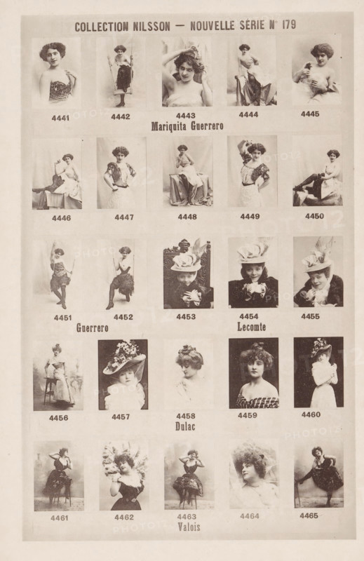 25 portraits of Mariquita Guerrero, Lecomte, Dulac and Valois, Collection Nilsson - Nouvelle Série, page, photomechanical print, number: 'No 179', c. 1894 - in or before 1899, paper, collotype, photoprint, height 237 mm x width 153 mm, historical persons - BB - woman, A sepia-toned page shows a grid of vintage portrait photographs of women arranged in rows and columns, each image framed with a light border. The women wear a mix of dresses, gowns, and hats with feathers or floral decorations, and many pose seated, standing, or leaning with varied expressions and hand gestures. Some portraits show women holding props such as flowers or a swing, while others feature elaborate hairstyles and decorative headwear. The images vary between full-length and close-up views, and a few include draped fabric or ornate chairs in the background. The overall page has a uniform layout with consistent spacing between the portraits and a faded, aged paper texture.