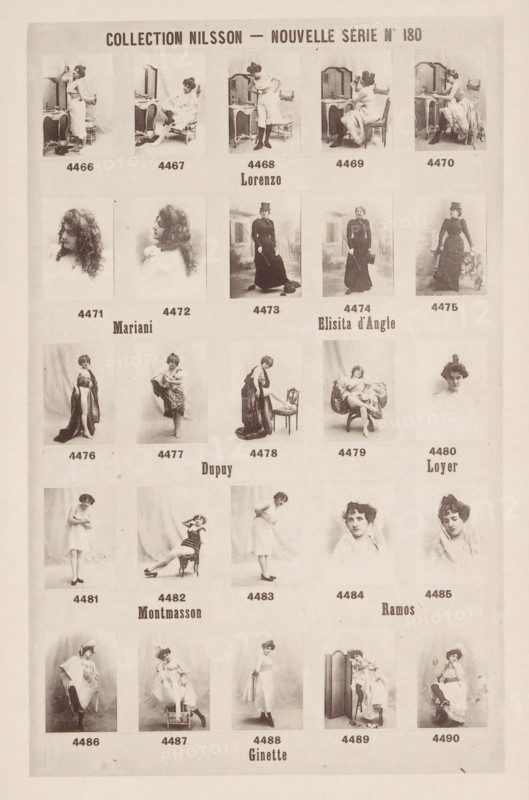 25 portraits of Lorenzo, Mariani, Elisita d'Angle, Dupuy, Loyer, Montmasson, Ramos and Ginette, Collection Nilsson - Nouvelle Série, page, photomechanical print, number: 'No 180', c. 1894 - in or before 1899, paper, collotype, photoprint, height 237 mm x width 153 mm, historical persons - BB - woman, A sepia-toned sheet with rows of small photographic portraits and posed full-body images of women arranged in a grid, each image set above a blank space and printed identifier area, showing women in a variety of dresses, skirts, and costumes, some seated at vanity tables, some standing with props such as chairs or parasols, and some in theatrical poses with flowing fabrics; the top of the sheet bears a bold heading, and several names in stylized type appear centered between rows, while the overall page has a narrow border and an aged paper texture.
