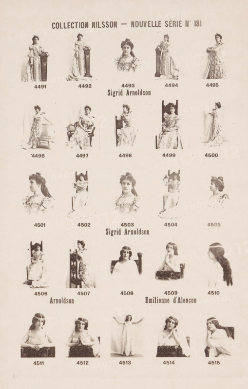 25 portraits of Sigrid Arnoldson and Emilie d'Alençon, Collection Nilsson - Nouvelle Série, page, photomechanical print, number: 'No 181', c. 1894 - in or before 1899, paper, collotype, photoprint, height 239 mm x width 153 mm, Person, Émilienne d' Alençon, Sigrid Arnoldson, historical persons - BB - woman, portrait of actor, actress, portrait of dancer, A sepia-toned print showing a grid of small portrait and full-length photographs of women in period dresses arranged in rows and columns, each image depicting a woman posed either seated on ornate chairs, standing beside decorative pillars, or shown in head-and-shoulders views, with various hairstyles, lace and embroidered gowns, collars, and accessories; the page has a larger centered portrait near the top and a few larger seated portraits in the middle, with the lower section containing images of women in lighter, flowing costumes and some posed with arms raised or resting on a ledge, all images separated by pale margins on a texture...