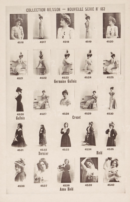 25 portraits of Germaine Gallois, Crozet, Bernier and Anna Held, Collection Nilsson - Nouvelle Série, page, photomechanical print, number: 'No 182', c. 1894 - in or before 1899, paper, collotype, photoprint, height 240 mm x width 155 mm, Person, Anna Held, Germaine Gallois, historical persons - BB - woman, portrait of actor, actress, A vertically oriented sheet showing a grid of sepia-toned portrait and full-body photographs of women arranged in rows, each image framed by a light border and separated by pale margins; the women wear turn-of-the-century dresses and hats with feathers or floral decorations, and several are seated on or leaning against chairs and settees while others stand in profile or face the camera, with varied poses including hands on hips, arms crossed, or holding flowers; the top of the sheet features a larger header area and the central area contains a row with a centered larger portrait, while the lower portion continues the grid with additional portraits and full...