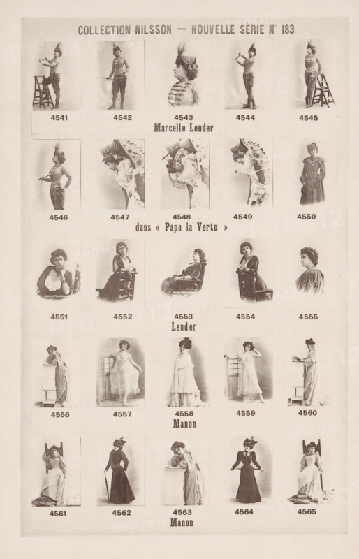 25 portraits of Marcelle Lender and Manon, Collection Nilsson - Nouvelle Série, page, photomechanical print, number: 'No 183', inscription: 'Marcelle Lender, dans &lt, &lt, Papa la Vertu &gt, &gt, Lender, Manon, Manon', c. 1894 - in or before 1899, paper, collotype, photoprint, height 237 mm x width 155 mm, Person, Marcelle Lender, historical persons - BB - woman, portrait of actor, actress, A vertically oriented sheet with rows of small sepia-toned portrait and full-body photographic images arranged in a grid, each showing a woman in period clothing and various poses, some standing, some seated, some leaning on props such as chairs, a ladder, or a small table, and some holding accessories like hats or parasols; the images vary between profile, three-quarter, and frontal views, and several show decorative costume details like ruffles, layered skirts, jackets with ornamental trim, and feathered headwear; the sheet has lighter margins and a faint textured background.