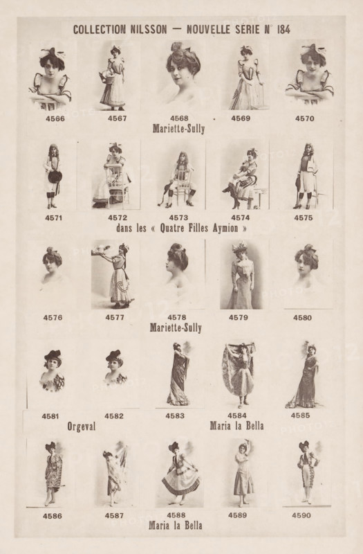 25 portraits of Mariette-Sully, Orgeval and Maria la Bella, Collection Nilsson - Nouvelle Série, page, photomechanical print, number: 'No 184', inscription: 'Mariette-Sully, dans les &lt, &lt, Quatre Filles Aymion &gt, &gt, Mariette-Sully, Orgeval Maria la Bella, Maria la Bella', c. 1894 - in or before 1899, paper, collotype, photoprint, height 237 mm x width 155 mm, Person, Mariette Sully, historical persons - BB - woman, portrait of artiste (dancer, actor, etc.), The image shows a sepia-toned poster with rows of small portrait and full-body photographs of women in vintage dresses and hats, each photo placed in a rectangular frame and arranged in a grid across the page, with several different poses including seated, standing, and leaning, and some women shown holding props such as chairs or fabric; the women wear hairstyles of the period and dresses with decorative details like ruffles, bows, and layered skirts, and the overall background is a plain light tone with faint aging marks a...