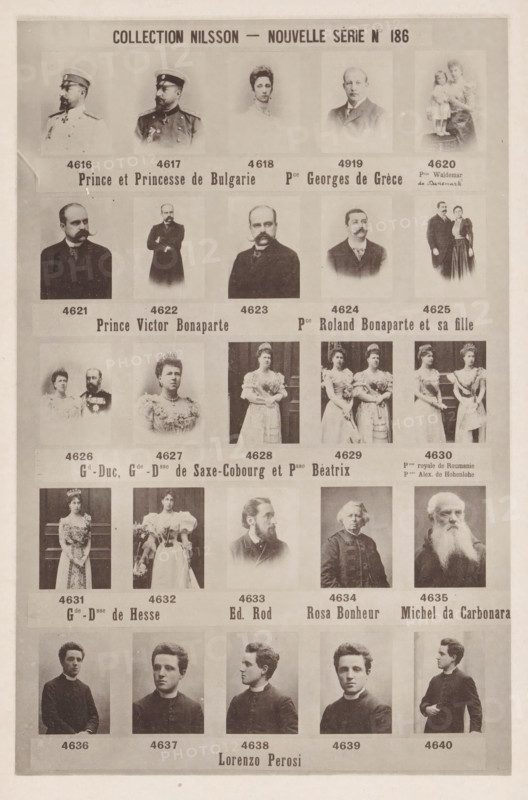 25 portraits of Ferdinand I of Bulgaria, his wife Maria Louisa of Bourbon-Parma and others, Collection Nilsson - Nouvelle Série, page, photomechanical print, inscription: 'Prince et Princesse de Bulgarie Pce George de Grèce Psse Waldemar de Danemark, Prince Victor Bonaparte Pce Roland Bonaparte et sa fille, Gd-Duc, Gde Dsse de Saxe-Cobourg et Psse Béatrix Psse royale de Roumanie, Psse Alex. de Hohenlohe, Gde-Dsse de Hesse Ed. Rod Rosa Bonheur Michel da Carbonara, Lorenzo Perosi', number: 'No 186', c. 1894 - in or before 1899, paper, collotype, photoprint, height 239 mm x width 154 mm, Person, Ferdinand I (Tsar of Bulgaria), Marie Louisa of Bourbon-Parma, historical persons, historical persons - BB - woman, A vertically oriented sepia sheet divided into rows of rectangular portrait photographs showing men and women in period clothing, including military uniforms, formal suits, and dresses with decorative details; some portraits show single busts while others show paired figures or a wom...