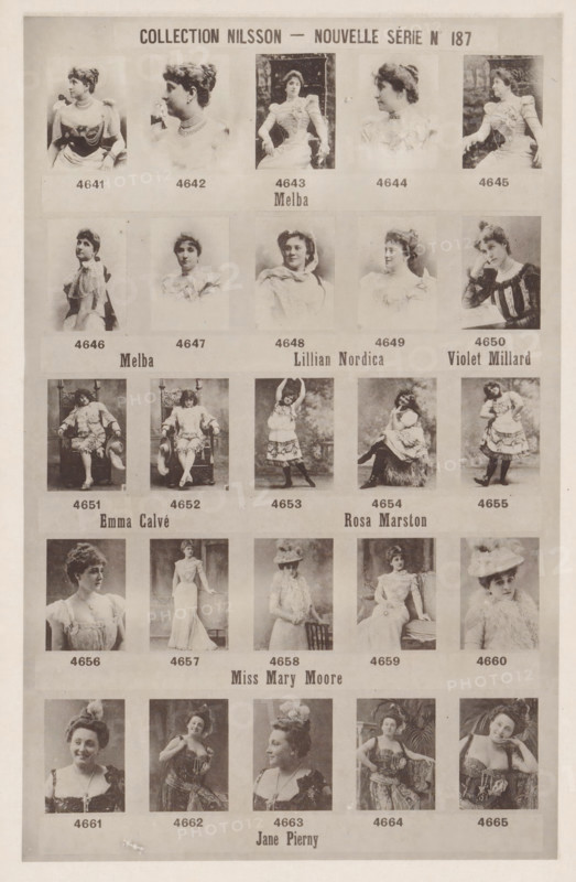 25 portraits of Melba, Lillian Nordica, Violet Millard, Emma Calvé, Rosa Marston, Mary Moore and Jane Pierny, Collection Nilsson - Nouvelle Série, page, photomechanical print, number: 'No 187', c. 1894 - in or before 1899, paper, collotype, photoprint, height 240 mm x width 154 mm, Person, Jane Pierny, historical persons - BB - woman, portrait of opera-singer, A vertically oriented sheet showing a grid of small portrait and full-body photographic images of women arranged in rows; the top row features five seated or bust portraits of women in high-necked dresses and ornate necklaces, the next row shows five head-and-shoulders portraits with shawls and ruffled collars, the third row contains five full-length or seated figures in theatrical or costume dresses with decorative chairs and props, the fourth row displays five portraits and full-length poses of women in elegant gowns and hats, and the bottom visible rows include three-quarter and bust portraits of women wearing styled hair, jew...
