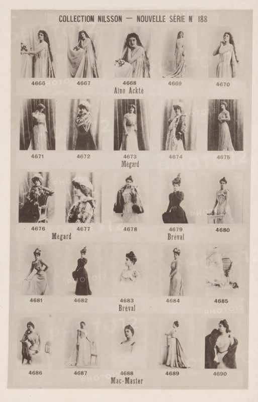 25 portraits of Aïno Ackté, Mégard, Bréval and Mac-Master, Collection Nilsson - Nouvelle Série, page, photomechanical print, number: 'No 188', c. 1894 - in or before 1899, paper, collotype, photoprint, height 240 mm x width 154 mm, Person, Aïno Ackté, historical persons - BB - woman, portrait of opera-singer, A faded poster grid of sepia-toned photographic portraits showing rows of women in period dresses and varied poses, each portrait framed in a rectangular panel against a plain backdrop, with some women seated on chairs and others standing or leaning, many wearing hats or long flowing gowns and some draped in shawls or fur stoles; the portraits display a range of full-length and three-quarter views, with curtains or simple studio backdrops behind them, and the overall sheet has a wide margin and visible aging marks and subtle stains.