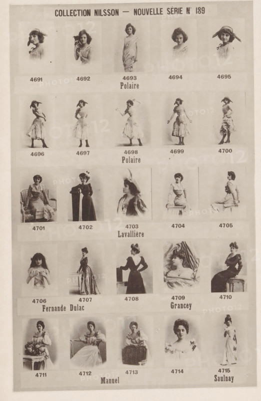 25 portraits of Polaire, Eve Lavallière, Fernande Dulac, Grancey, Manuel and Saulnay, Collection Nilsson - Nouvelle Série, page, photomechanical print, number: 'No 189', c. 1894 - in or before 1899, paper, collotype, photoprint, height 240 mm x width 154 mm, Person, Polaire (Emilie Marie Bouchaud), historical persons - BB - woman, The image shows a vertically oriented sheet with rows of small portrait and full-body photographic prints arranged in a grid, each portrait placed above a blank rectangular label area; the top of the sheet features a bold heading centered across the width, and beneath the heading the first row contains five small framed head-and-shoulders photographs of women with varied hairstyles and headwear, followed by additional rows showing women in different poses and costumes including seated figures, standing figures in dresses with flared skirts, and a mix of close-up and three-quarter views; some images show women wearing hats or decorative headpieces and some sho...