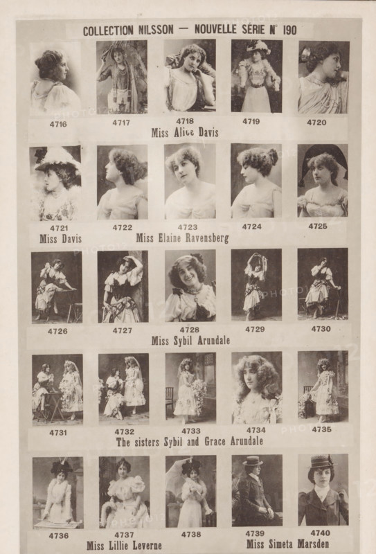 25 portraits of Alice Davis, Elaine Ravensberg, Sybil Arundale, Grace Arundale, Lillie Leverne and Simeta Marsden, Collection Nilsson - Nouvelle Série, page, photomechanical print, number: 'No 190', c. 1894 - in or before 1899, paper, collotype, photoprint, height 240 mm x width 153 mm, Person, historical persons - BB - woman, portrait of actor, actress, A sepia-toned printed sheet showing rows of rectangular photographic portraits and small full-body photos of women in vintage dress, arranged in a grid with pale borders between each image; the women wear a variety of costumes including blouses, dresses with puffed sleeves, hats with feathers or wide brims, and layered skirts, and many poses are three-quarter or profile views while others show seated or standing full-body poses, some holding props like parasols or leaning on small furniture; the photos vary in framing and background textures, and the sheet has a wider blank margin around the outer edge.
