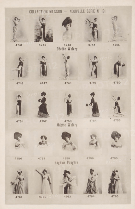 25 portraits of Odette Waléry and Eugénie Fougère, Collection Nilsson - Nouvelle Série, page, photomechanical print, number: 'No 191', c. 1894 - in or before 1899, paper, collotype, photoprint, height 239 mm x width 154 mm, Person, Eugénie Fougère, historical persons - BB - woman, portrait of artiste (dancer, actor, etc.), A faded sheet with a grid of portrait-style photographs arranged in rows and columns, each cell containing a sepia-toned image of a woman in various poses and costumes; the top row shows five standing figures including a central head-and-shoulders portrait with an elaborate hat, the next row features five full-length poses with draped gowns and theatrical gestures, the third row presents five figures in dresses and hats with some seated or holding props, the fourth row displays five head-and-shoulders portraits with similar coiffures and off-the-shoulder dresses, and the bottom rows contain five more full-length images of women in long dresses and period attire, all ...