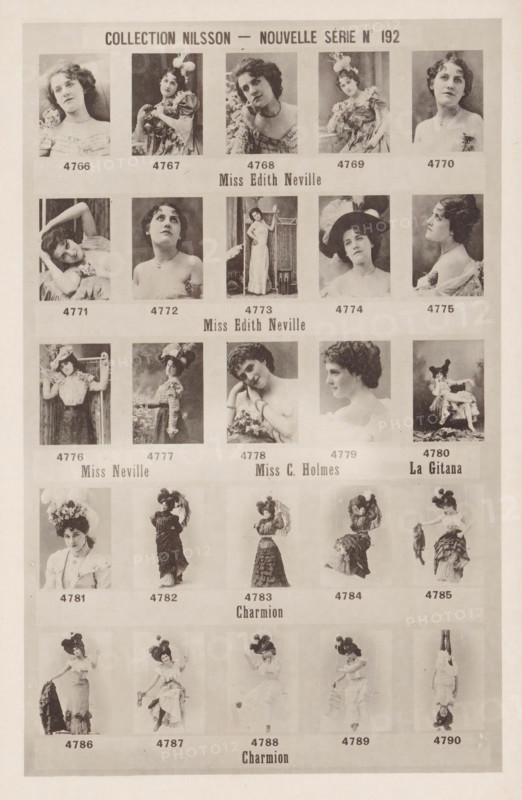 25 portraits of Edith Neville, C. Holmes, La Gitana and Charmion, Collection Nilsson - Nouvelle Série, page, photomechanical print, number: 'No 192', c. 1894 - in or before 1899, paper, collotype, photoprint, height 239 mm x width 154 mm, historical persons - BB - woman, A sepia-toned sheet showing rows of small portrait and full-body photographs of women in vintage clothing, arranged in a grid with narrow borders between images, each woman posed in different costumes and accessories including hats, feathers, ruffles, and floral adornments; the women display a variety of head tilts and facial expressions, with some reclining, some standing, and some looking directly at the camera while others gaze off to the side; the background behind the portraits varies between plain backdrops and simple studio props, and the overall page has a worn, aged paper texture with light stains and slight creases.