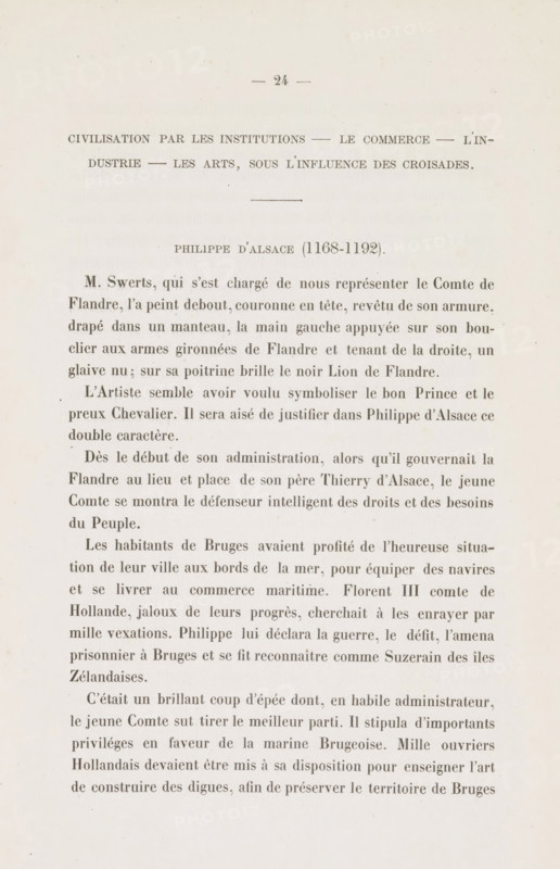 Philippe d'Alsace, Photo reproduction of a drawing after a mural in the Aldermen's Hall in the Town Hall of Kortrijk, depicting Philip of Alsace, reproduction, page, photomechanical print, inscription: 'Civilization par les Institutions', cliché maker: anonymous, c. 1866 - in or before 1876, photographer, pasteboard, paper, Woodburytype, Woodburytypepie, height 129 mm x width 52 mm, Person, Filips van de Elzas, knight, A vertical page of printed text with a centered small decorative line and a small centered number near the top, followed by several lines of text set in a serif typeface with wider spacing toward the top and narrower lines toward the bottom, all on an off-white, slightly aged paper background that shows faint spots and subtle discoloration.