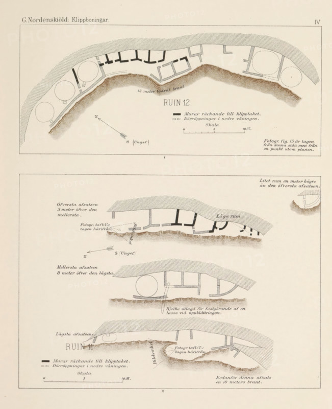 Klippboning 12 i västra branten af Wetherills Mesa (…), View of the ruins of a cliff dwelling in Mesa Verde National Park, page, photomechanical print, name, number: 'Fig. 15.', photographer: Gustaf Nordenskiöld (possibly), Mesa Verde National Park, cliché maker: Angerer & Göschl, C., Vienna, c. 1891 - in or before 1893, clichémaker, North America, Lower Austria, Colorado, paper, autotypie, height 90 mm x width 150 mm, ruin of a dwelling, house, castle, cave-dwelling, The image shows a vertically oriented page with several horizontal schematic drawings of coastline cross-sections and plan views, each enclosed in thin rectangular borders; the drawings feature shaded cliff tops with diagonal hatching, irregular brown shaded shoreline areas, and outlined rectangular and circular structures adjacent to the cliffs, some filled with solid black or patterned shading to indicate different elements; arrows indicating directions and simple scale lines are visible near the drawings, and small sty...