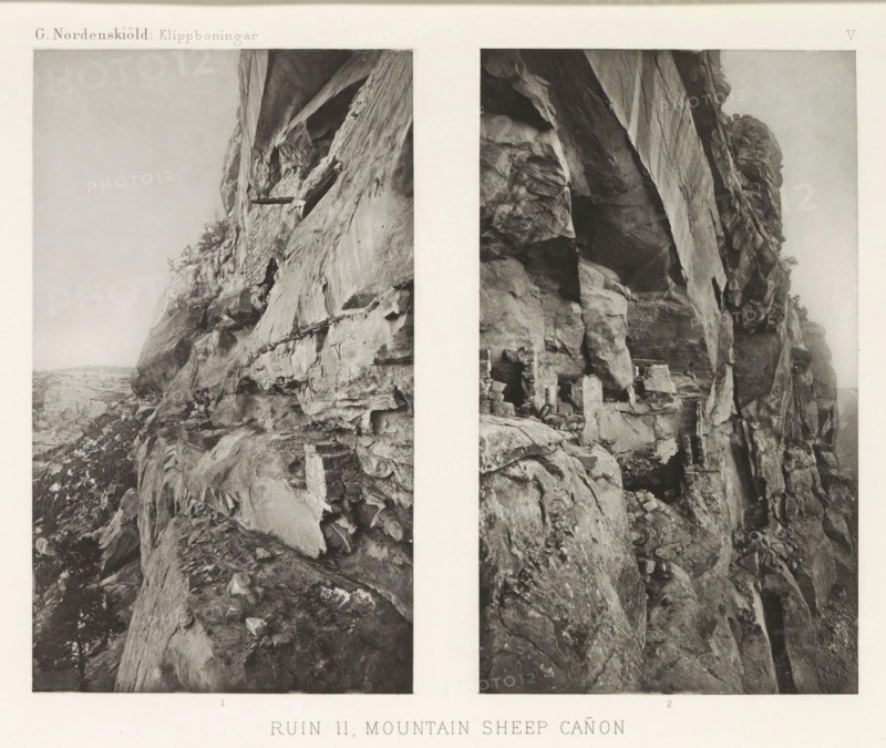 Ruin 11, Mountain Sheep Cañon, Two views of a ruined cliff dwelling in Mesa Verde National Park, page, photomechanical print, inscription: 'G. Nordenskiöld: Klippboningar.', number: 'V 1 2', photographer: Gustaf Nordenskiöld, Mesa Verde National Park, cliché maker: Librairies-Imprimeries Réunies (Ancienne Maison Quantin), Paris, c. 1891 - in or before 1893, North America, Colorado, paper, photoaquatint, height 270 mm x width 365 mm, Prints opposite page 36., ruin of a dwelling, house, castle, cave-dwelling, A grayscale photograph divided into two tall vertical panels shows a steep rocky cliff face with irregular stone ledges and deep crevices; the left panel features a sloping rock surface with scattered boulders and sparse vegetation clinging to narrow shelves, while the right panel displays a vertical overhang with layered rock strata and small constructed stone structures nestled into recesses near the base; the overall scene emphasizes rough textures of weathered rock, shadowed cav...