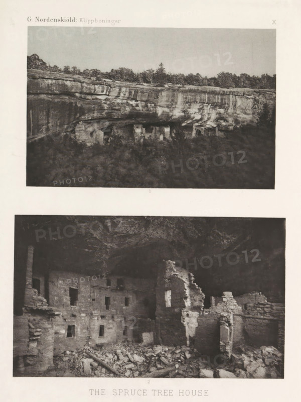 Two views of a cliff dwelling, Spruce Tree House, in Mesa Verde National Park, The Spruce Tree House, page, photomechanical print, inscription: 'G. Nordenskiöld: Klippboningar.', number: 'X 1 2', photographer: Gustaf Nordenskiöld, Mesa Verde National Park, cliché maker: Librairies-Imprimeries Réunies (Ancienne Maison Quantin), Paris, c. 1891 - in or before 1893, North America, Colorado, paper, photoaquatint, height 365 mm x width 270 mm, Prints opposite page 52., ruin of a dwelling, house, castle, cave-dwelling, A page with two black-and-white photographs stacked vertically separated by white space; the upper photograph shows a horizontal rock ledge with an overhang and a row of small rectangular ruins built into the recess beneath the rock, trees and vegetation sit atop the ledge and darker foliage fills the area below the ruins, while the sky above is light and empty; the lower photograph shows the interior face of a multi-level stone ruin with rectangular openings of various sizes i...