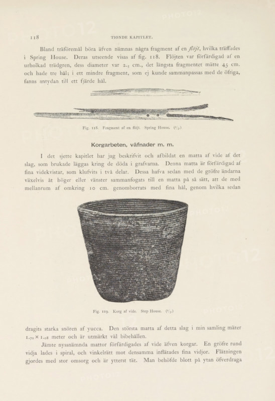 Korg af vide. Step House, Basket of willow branches found in Mesa Verde National Park, page, photomechanical print, number: 'Fig. 119.', photographer: Gustaf Nordenskiöld (possibly), Mesa Verde National Park, cliché maker: Angerer & Göschl, C., Vienna, c. 1891 - in or before 1893, North America, Lower Austria, Colorado, paper, autotypie, height 75 mm x width 80 mm, container made of plant material other than wood: basket, A page from an old book showing printed paragraphs and two detailed black-and-white illustrations: near the top there are three slender, elongated wood fragments drawn horizontally with fine shading and small drilled holes, and below them a larger, textured woven basket shown from the rim down with dense crosshatched shading indicating its woven surface; the layout includes headings and body text above and below the images on aged, cream-colored paper.