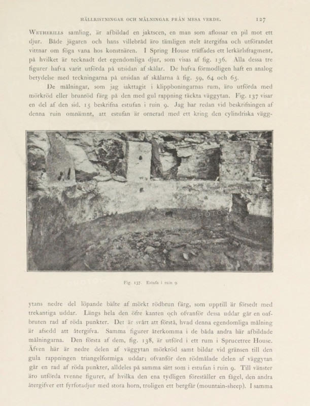 Estufa i ruin 9, View of a ruined cliff dwelling in Mesa Verde National Park, page, photomechanical print, number: 'Fig. 137.', photographer: Gustaf Nordenskiöld (possibly), Mesa Verde National Park, cliché maker: Angerer & Göschl, C., Vienna, c. 1891 - in or before 1893, clichémaker, North America, Lower Austria, Colorado, paper, autotypie, height 89 mm x width 155 mm, ruin of a dwelling, house, castle, cave-dwelling, A faded black-and-white photograph of a stone wall and floor set within a rectangular frame, showing rough textured rock faces, irregular stone blocks, and layered horizontal ledges; the floor area in front appears uneven and debris-strewn, with lighter and darker patches across the surface; the framed photograph is surrounded by a light page with printed text above and below, and a small caption beneath the image.