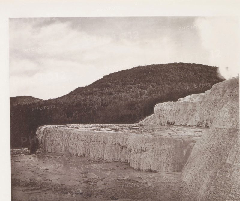 Part of the Pink Terraces along Lake Rotomahana, page, photomechanical print, photographer: Daniel Louis Mundy, Pink Terraces, cliché maker: anonymous, United Kingdom, c. 1865 - c. 1875, Lake Rotomahana, paper, collotype, autotype, height 204 mm x width 249 mm, lake, hot spring, geyser, A wide, grayscale landscape showing a series of terraced, waterfall-like rock formations with smooth, rounded edges in the foreground and midground, a flat wet surface with streaks and shallow pools at the base, a densely forested hill rising behind the terraces, and a cloudy sky above.