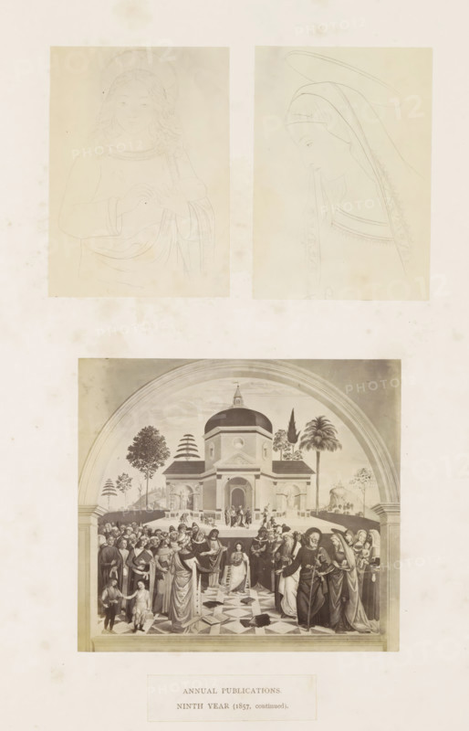 Three photo reproductions of a publication by the Arundel Society with images by Pinturicchio, photograph, reproduction, page, inscription: 'Annual publications. Ninth year (1857, continued).', after drawing by anonymous, after painting by Bernardino Pinturicchio, c. 1859 - in or before 1869, photographer, paper, albumen print, albumendruk, height 378 mm x width 290 mm, book, painting (including book-illumination, miniature-painting), Christ's dispute with the doctors in the temple, he counts his arguments on his fingers, The image shows a pale background with two faint pencil sketches near the top, one of a frontal figure with wavy hair and a circular halo and another of a profile figure wearing a head covering and a halo, and below them a larger detailed monochrome illustration framed by an arch depicting a domed building with a courtyard and groups of people gathered in front and on a checkered floor, flanked by trees and architectural elements.