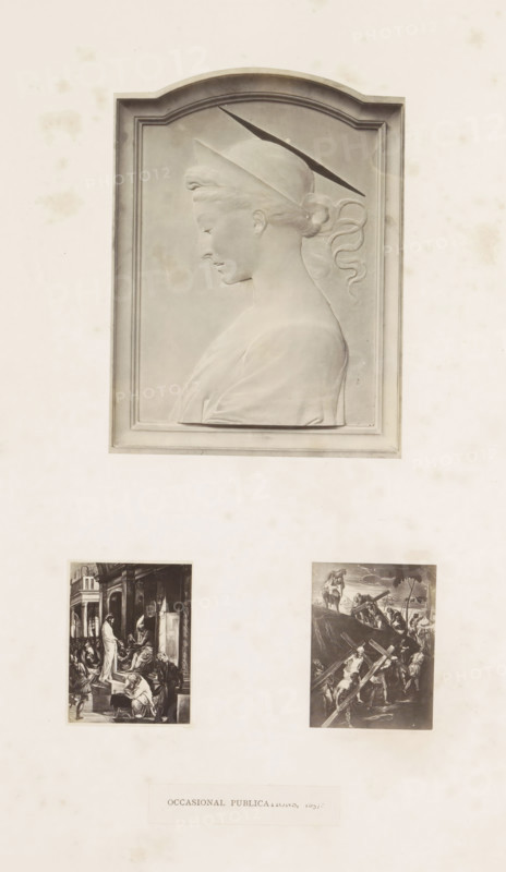Three photographic reproductions of a publication by the Arundel Society with a relief and two paintings by Tintoretto, photograph, reproduction, page, inscription: 'Occasional publications, 1857', after painting by Domenico Tintoretto, after sculpture by anonymous, c. 1859 - in or before 1869, photographer, after sculpture by, paper, albumen print, height 378 mm x width 290 mm, book, Christ, sculpture (relief, sculpture), A rectangular relief panel with an arched top shows a profile of a female figure facing left, depicted from the shoulders up with hair pulled back into a bun and a ribboned curl trailing behind; the figure wears a hat with a long, thin brim and draped clothing, all rendered in a monochrome stone-like texture and set within a simple recessed frame. Below the relief, two smaller rectangular prints are mounted side by side on the page, each showing crowded figurative scenes in contrasting dark tones; the left print depicts an interior scene with standing and seated figu...