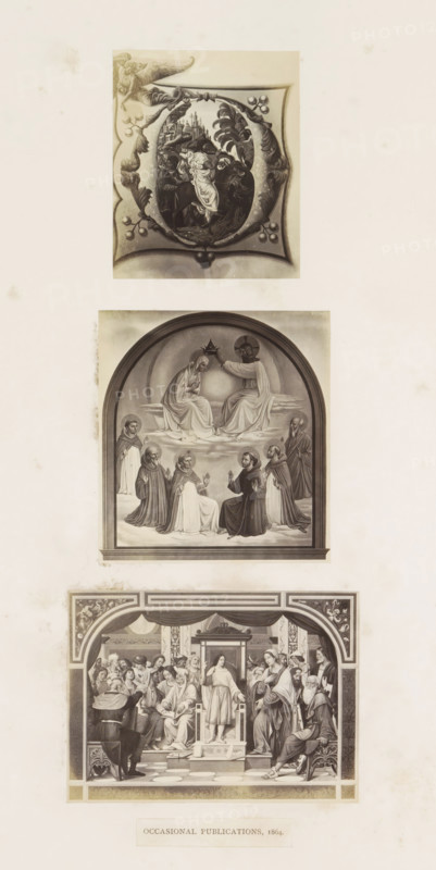 Three photographic reproductions of a publication by the Arundel Society with paintings and a miniature, photograph, reproduction, page, inscription: 'occasional publications, 1864.', after painting by anonymous, c. 1859 - in or before 1869, photographer, paper, albumen print, height 378 mm x width 290 mm, book, painting (including book-illumination, miniature-painting), A vertical arrangement of three framed grayscale illustrations on a pale background, the top one showing an ornate rounded-square frame with decorative foliage and an angel figure at the corner surrounding a central scene of robed figures and a cityscape, the middle one an arched panel depicting seated haloed figures on a raised cloud area with other robed figures kneeling or standing below, and the bottom one a rectangular scene set within an ornate architectural border showing a group of people gathered around a central standing figure on a raised platform, all three images rendered in a detailed classical engraving ...