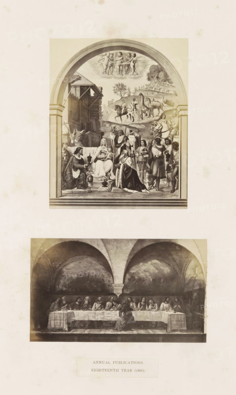 Two photo reproductions of a publication by the Arundel Society with paintings, photograph, reproduction, page, inscription: 'annual publications, eighteenth year (1866).', after painting by anonymous, c. 1859 - in or before 1869, photographer, paper, albumen print, albumendruk, height 378 mm x width 290 mm, book, adoration of the Christ-child, Christ's birth, painting (including book-illumination, miniature-painting), the episode of the Last Supper, A vertical print featuring two framed scenes stacked one above the other on a pale background, the upper scene set within an arched architectural frame showing a group of figures gathered around a central seated woman holding an infant, attendants and kneeling visitors presenting vessels, animals including oxen and horses visible behind them, a rustic structure to one side, a landscape with riders and distant hills above, and cherubic figures in a cloud near the top of the arch; the lower scene shows a long table beneath a vaulted ceiling ...
